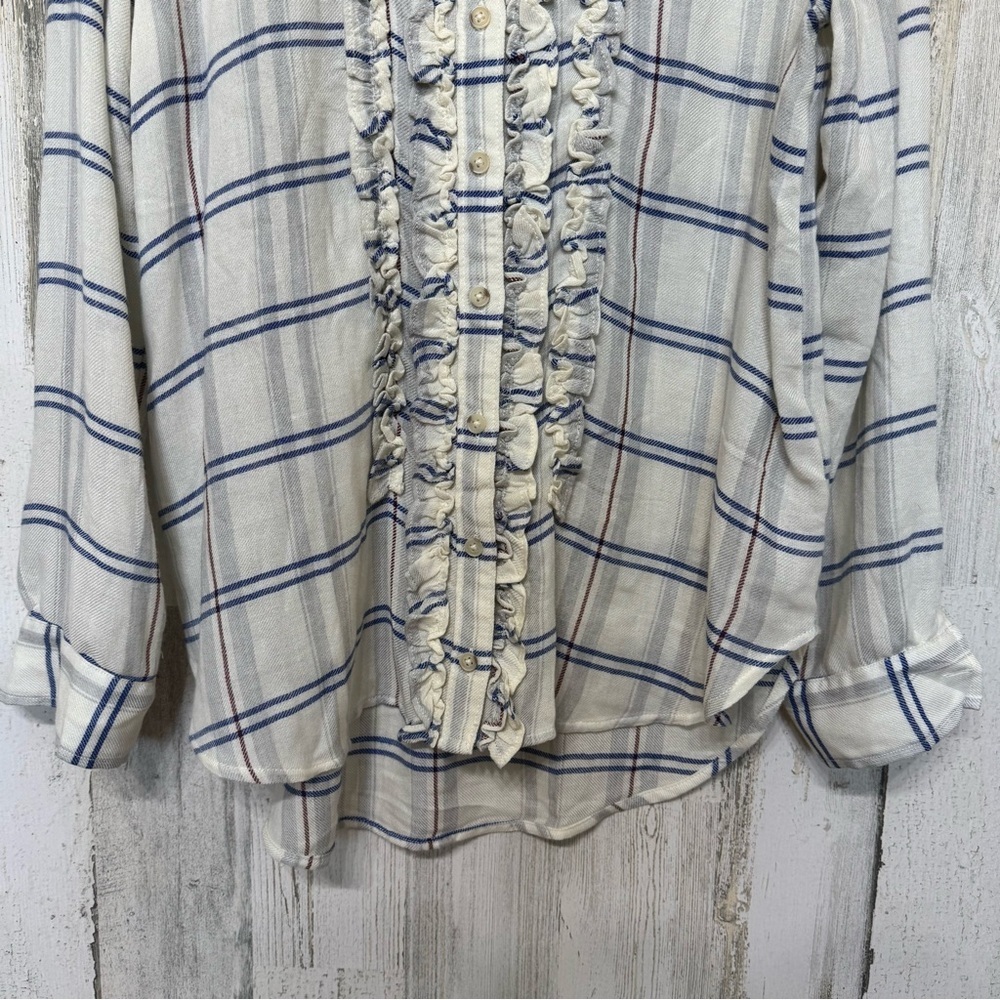 Anthropologie Pilcro Cream Blue Plaid Ruffle Front Button Down Shirt Size M - Picture 5 of 10